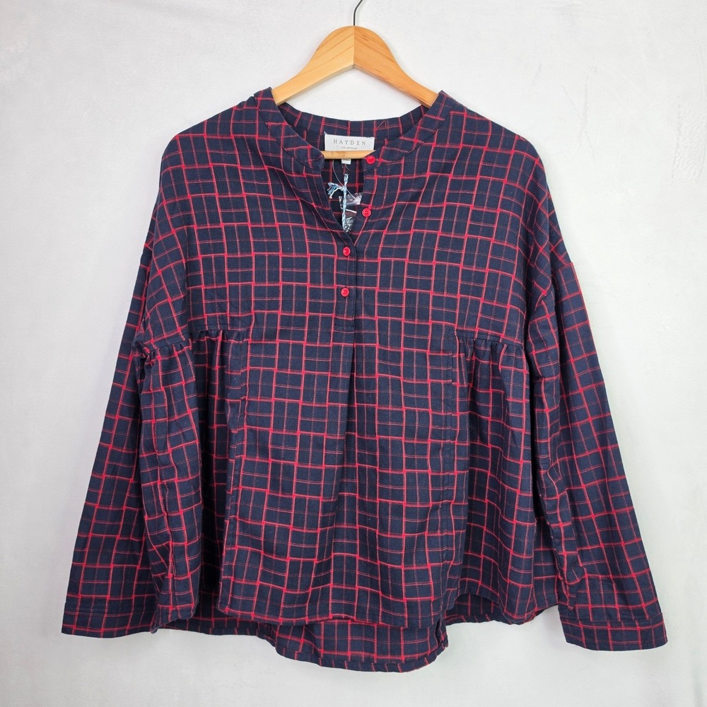 Hayden Los Angeles Plaid Cotton Blouse Long Sleeve Babydoll Top Red Blue Size M